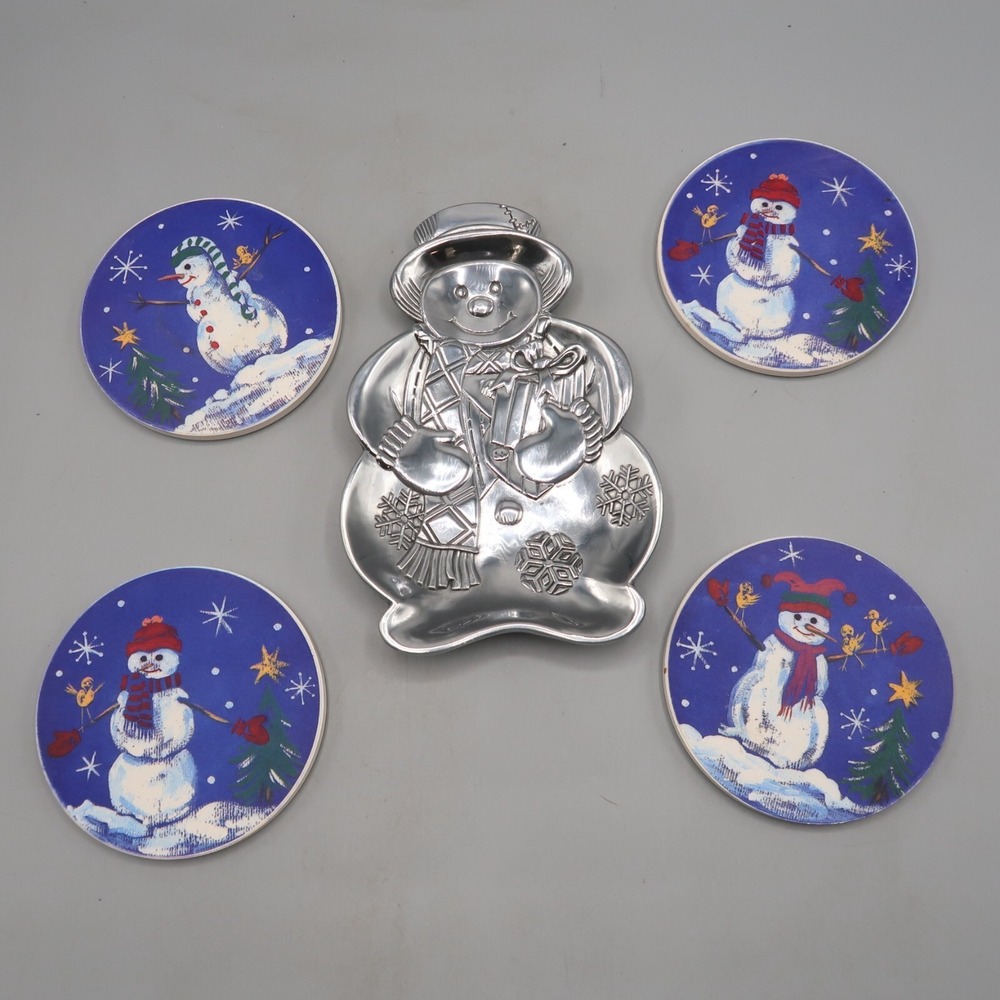 Home For The Holidays Snowman Metal Candy Dish Christmas Candy & Coaster Set Lot